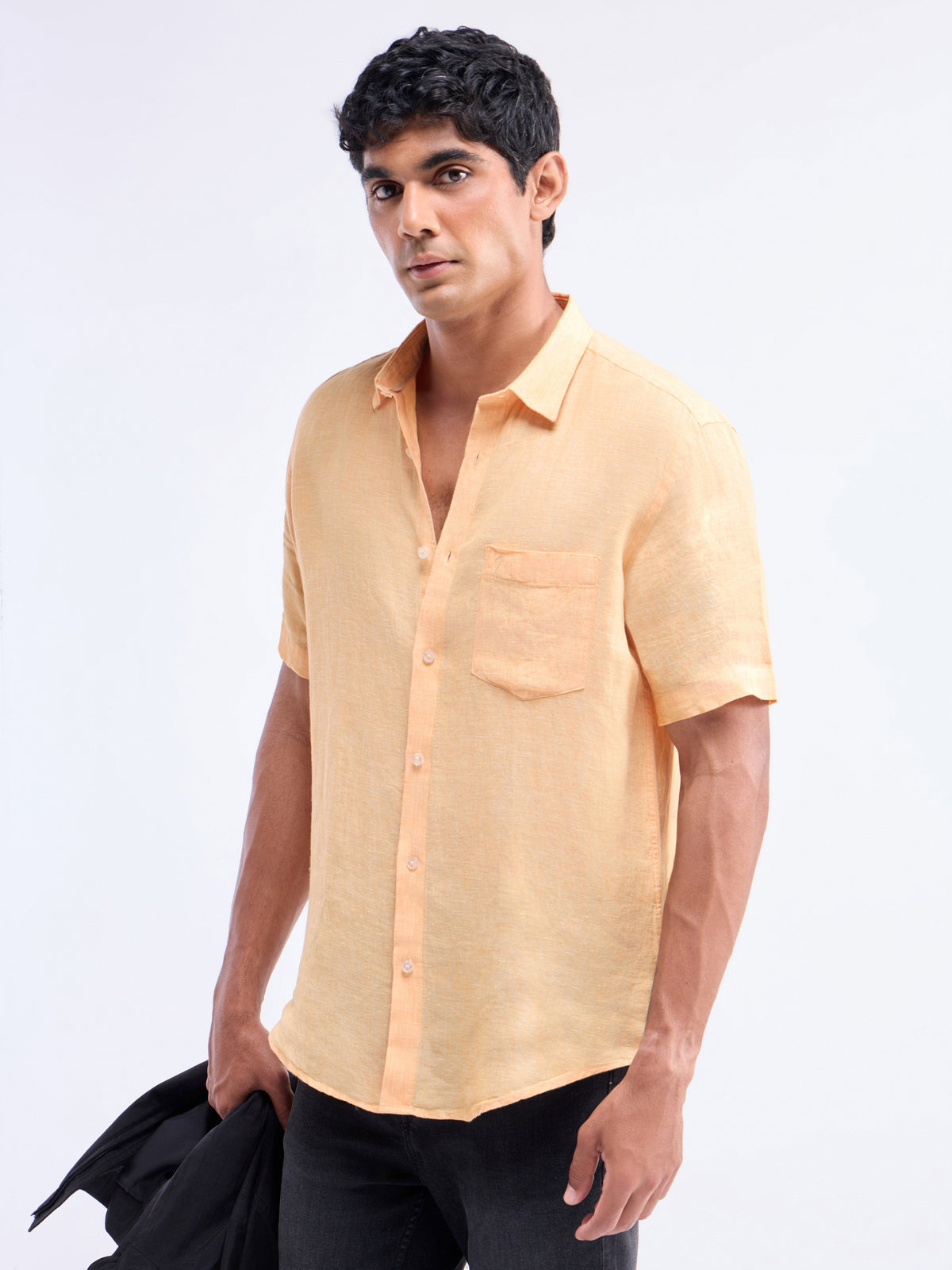 Solid Half Sleeve Linen Shirt - Mustard t4option_1