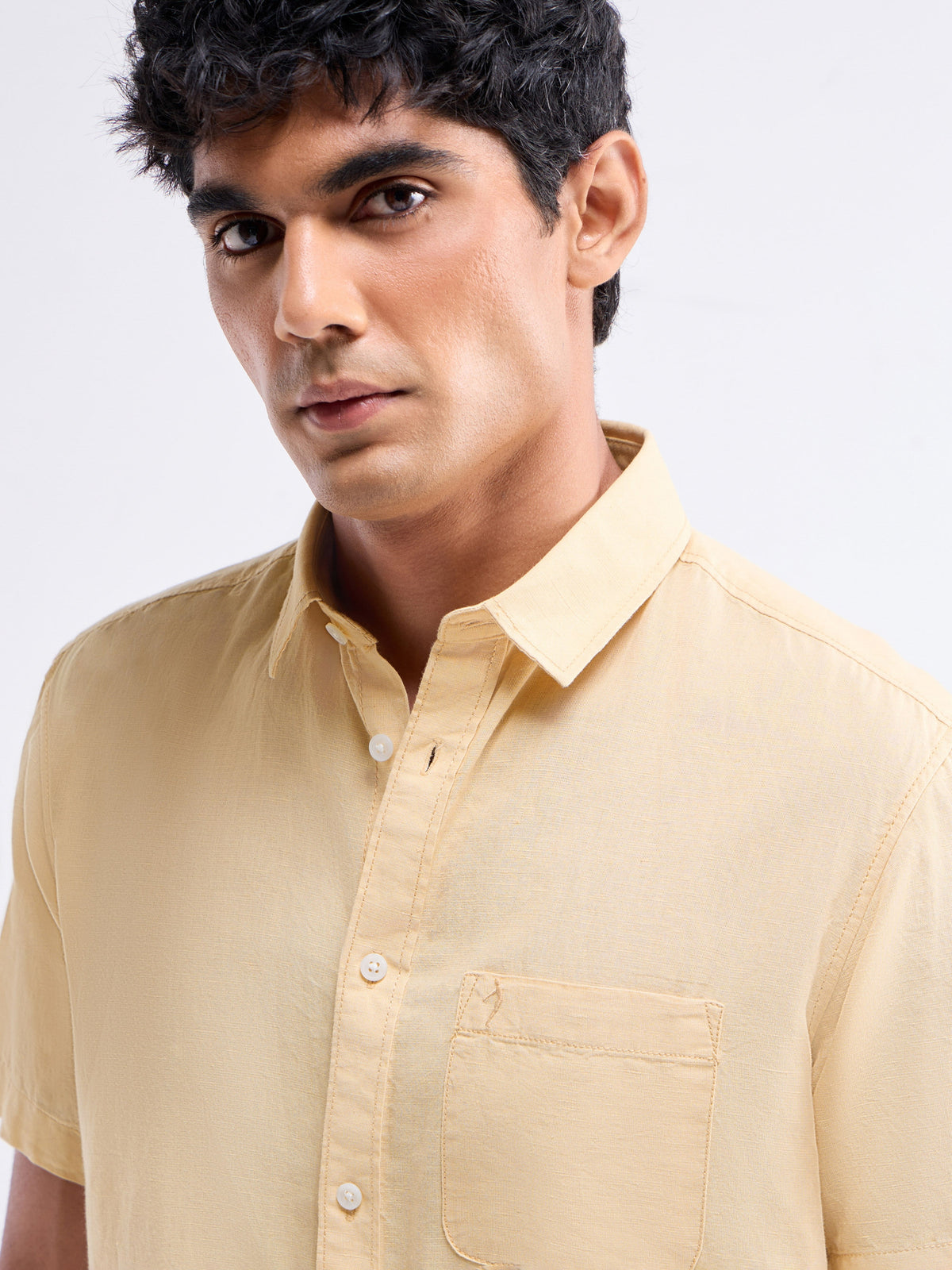 Solid Half Sleeve Cotton Linen Shirt - Khaki t4option_1