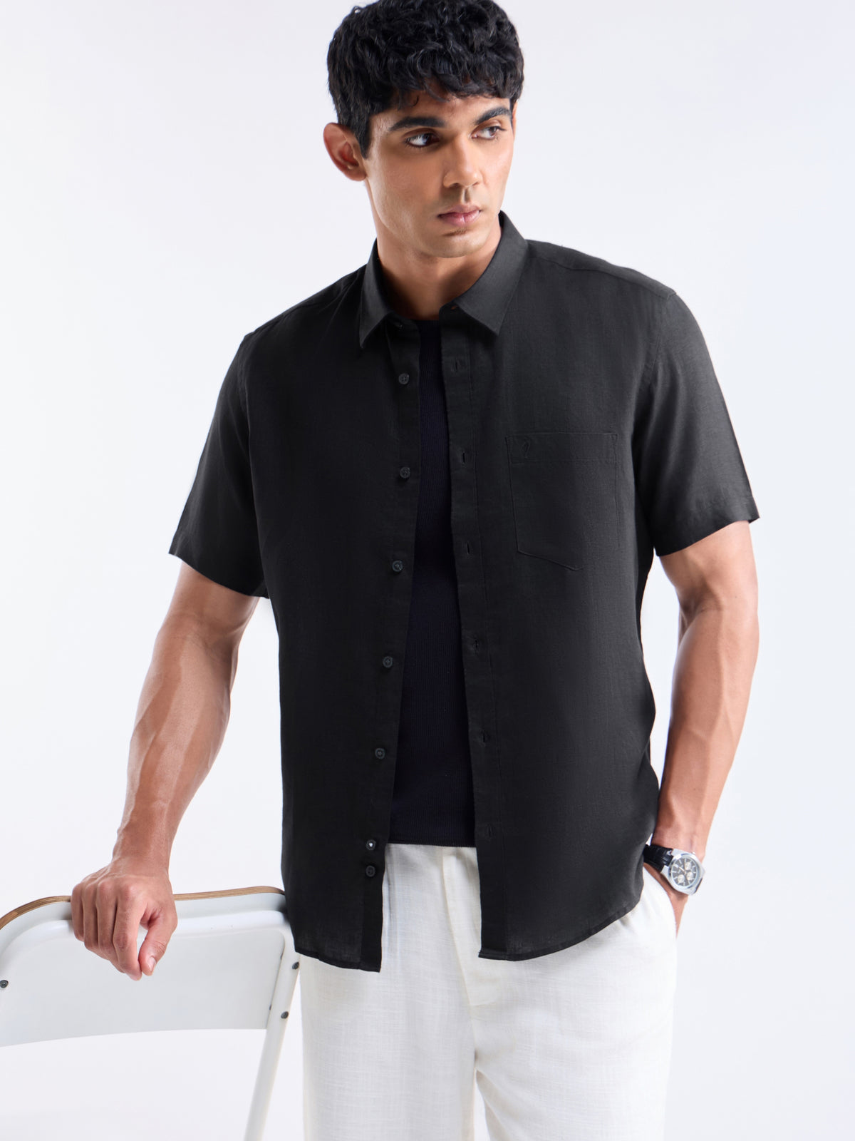 Solid Half Sleeve Linen Shirt - Black t4option_0