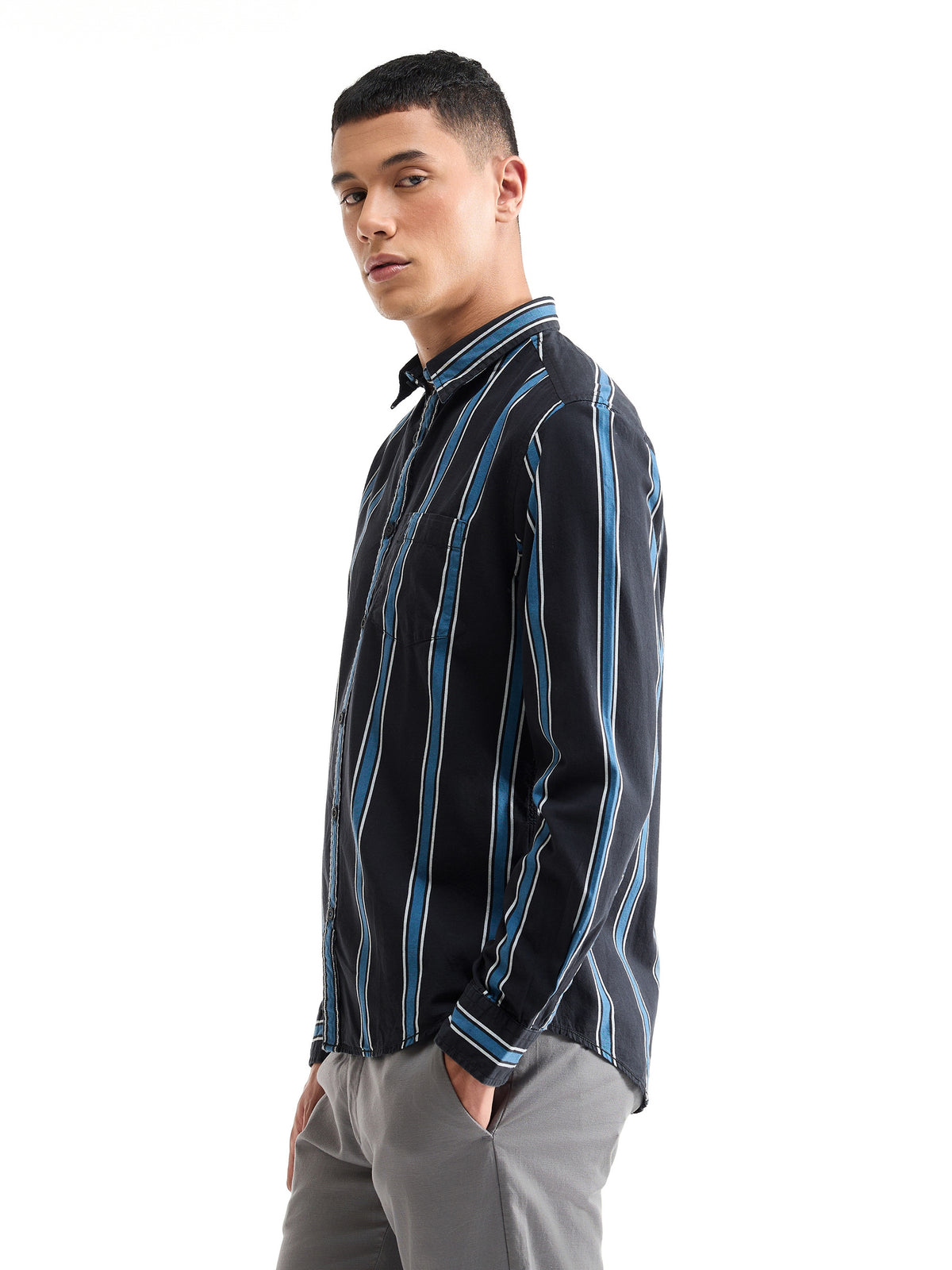 Striped Full Sleeve Cotton Shirt - Black t4option_0