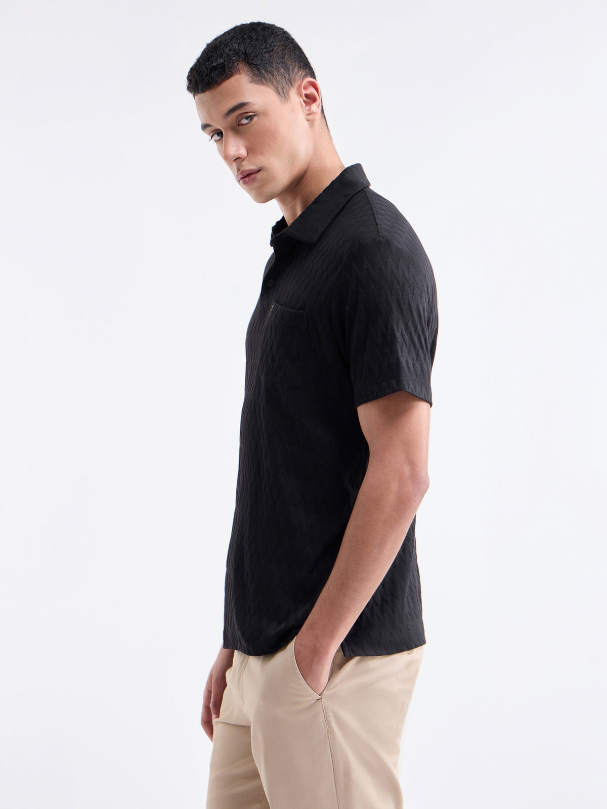 Jacquard Half Sleeve Regular Fit Polo T-Shirt - Black t4option_0