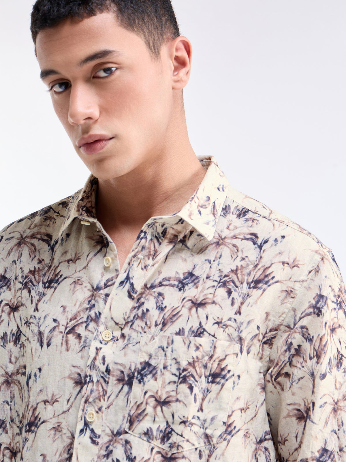 Printed Full Sleeve Cotton Linen Shirt - Choco t4option_0