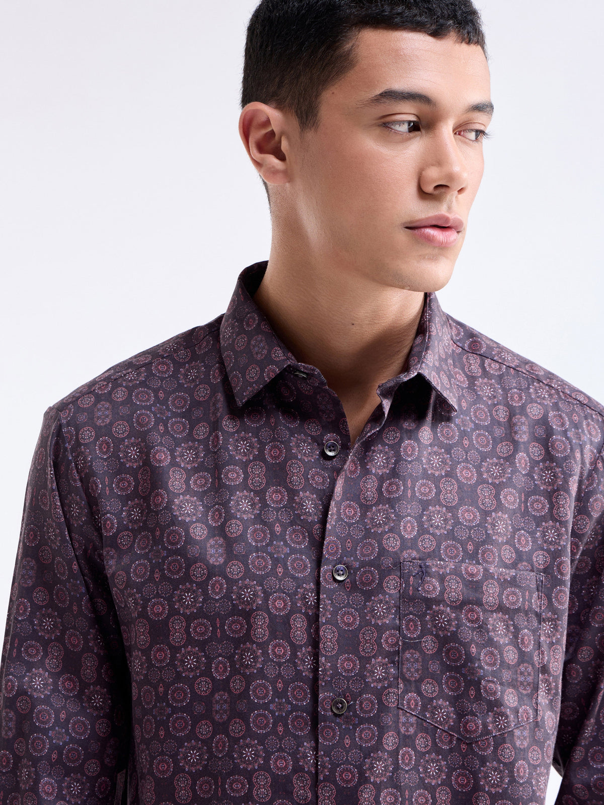 Printed Full Sleeve Cotton Shirt - Wine t4option_1
