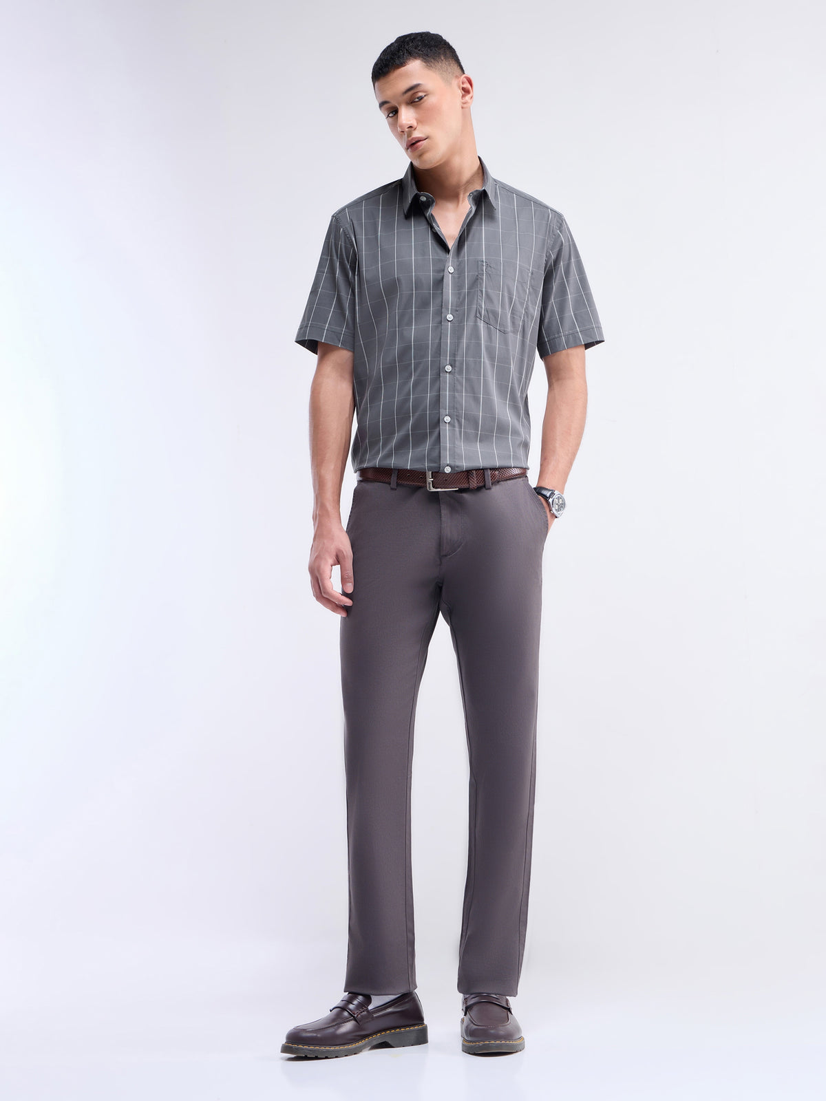 Check Half Sleeve Poly Blend Shirt - Grey t4option_0