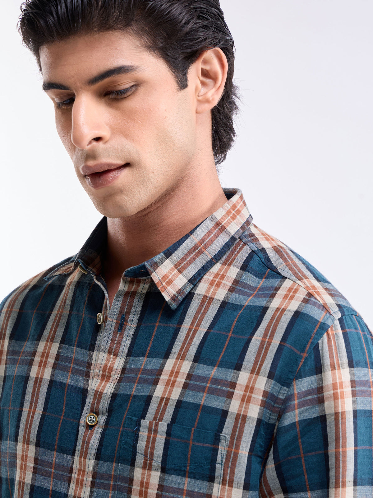 Check Full Sleeve Cotton Linen Shirt - Teal t4option_0