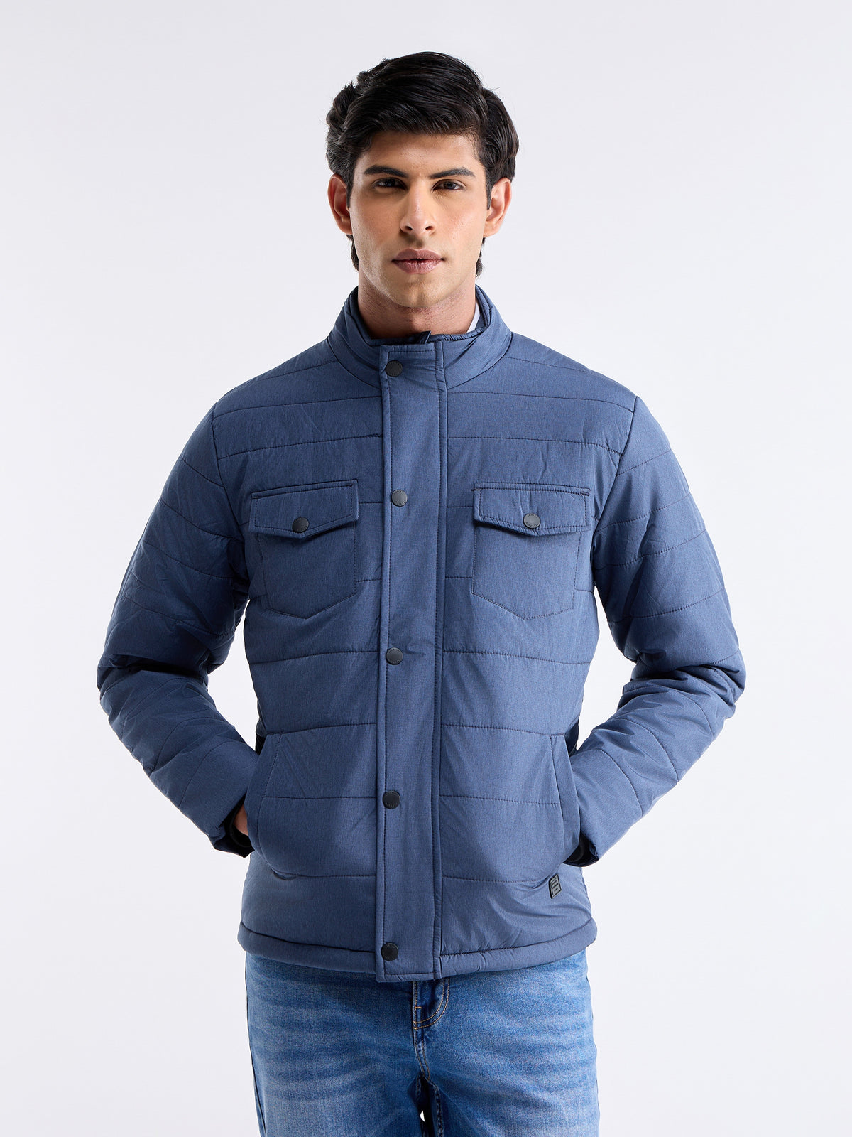 Textured Full Sleeve Biker Jacket - Navy t4option_0