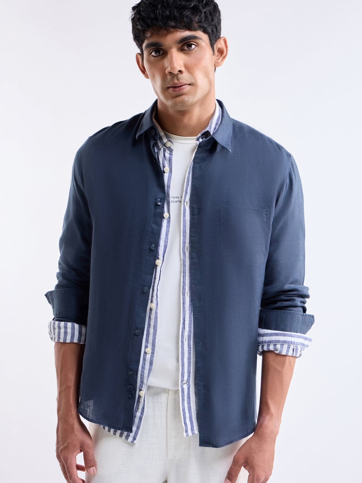 Solid Full Sleeve Linen Shirt - Navy t4option_0