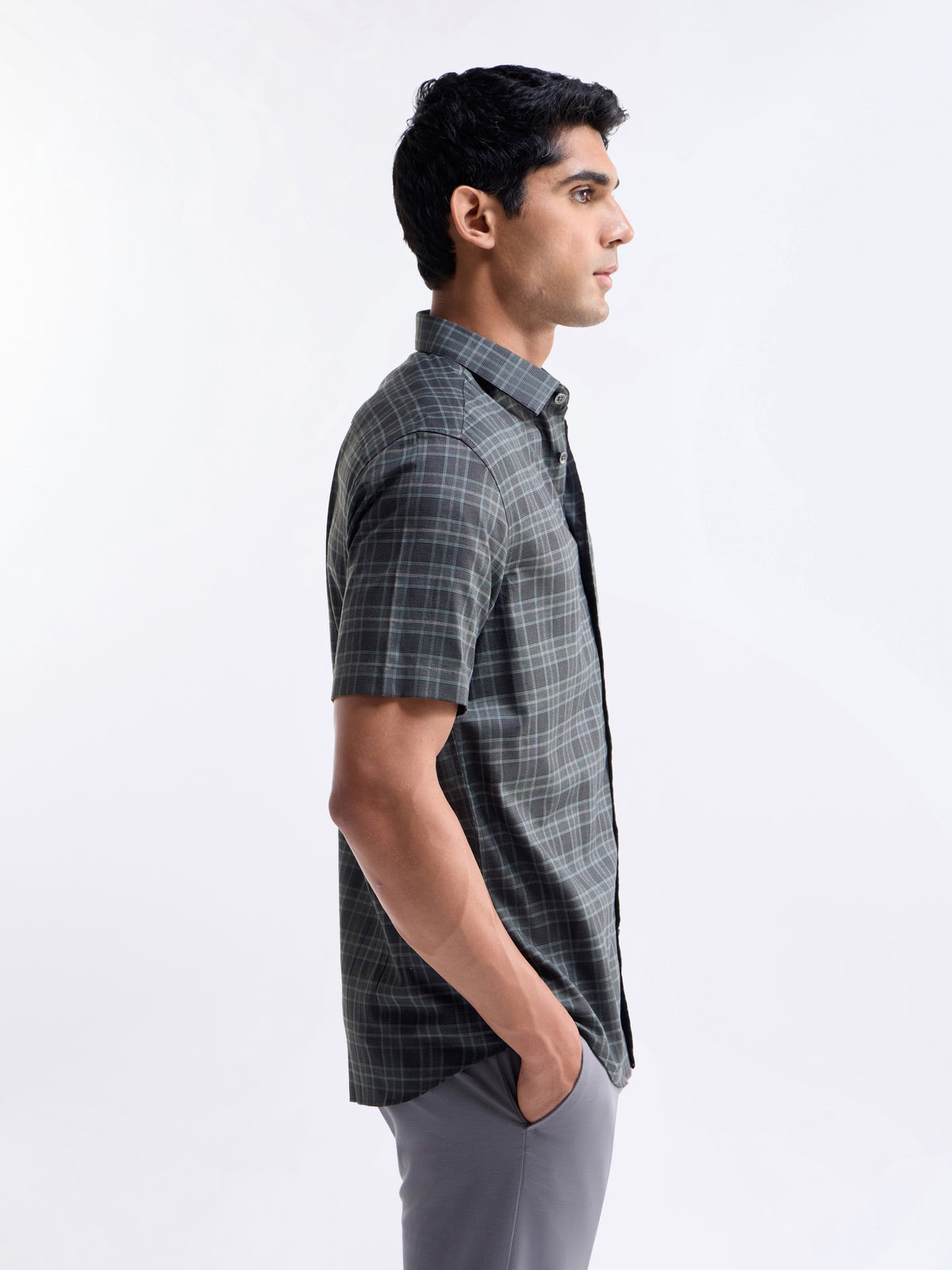 Check Half Sleeve Cotton Shirt - Dark Grey t4option_1
