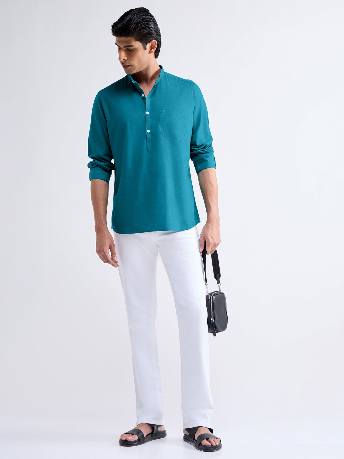 Solid Full Sleeve Cotton Shirt - Teal t4option_3