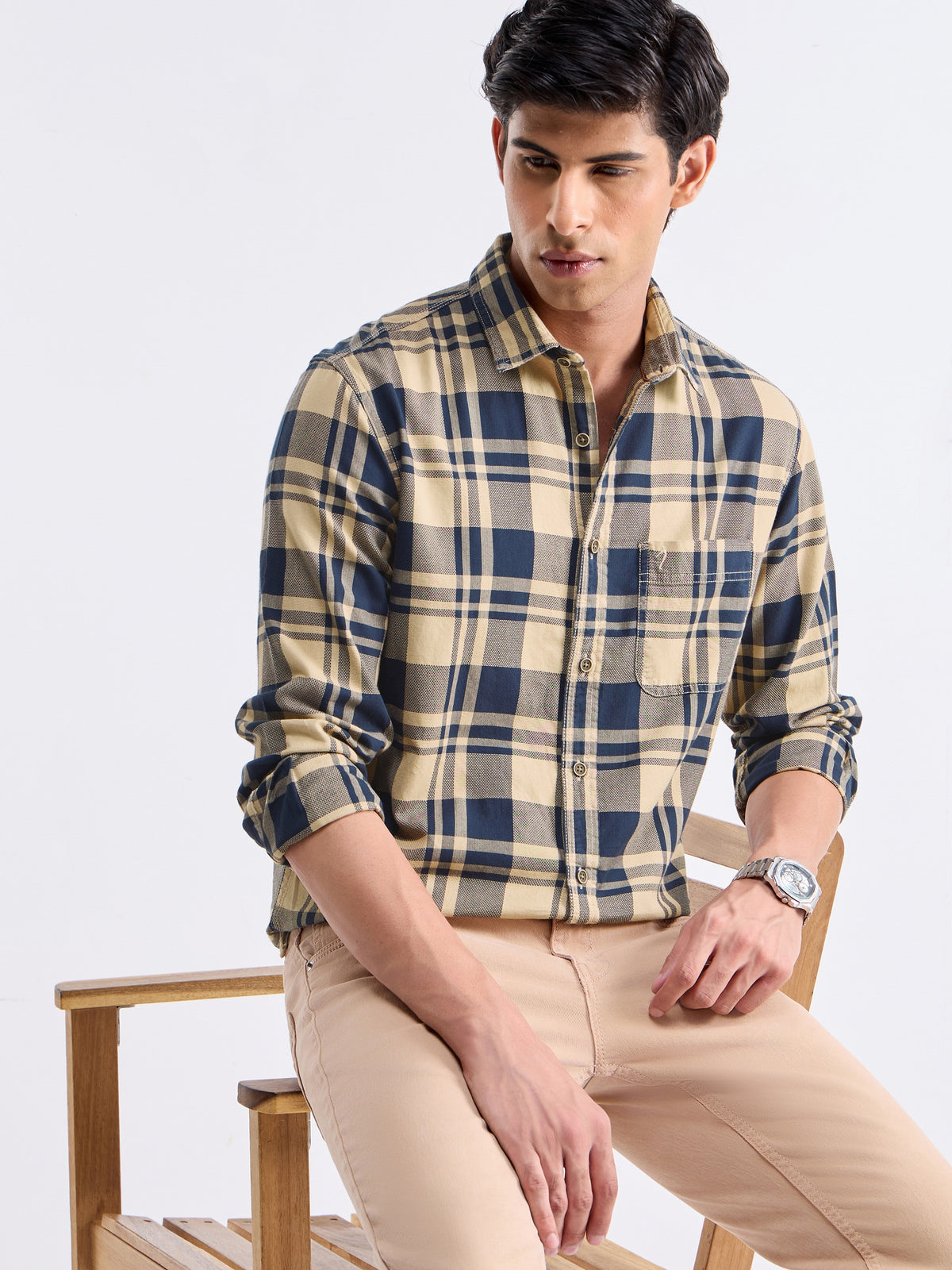 Check Full Sleeve Cotton Shirt - Lt Khaki t4option_0