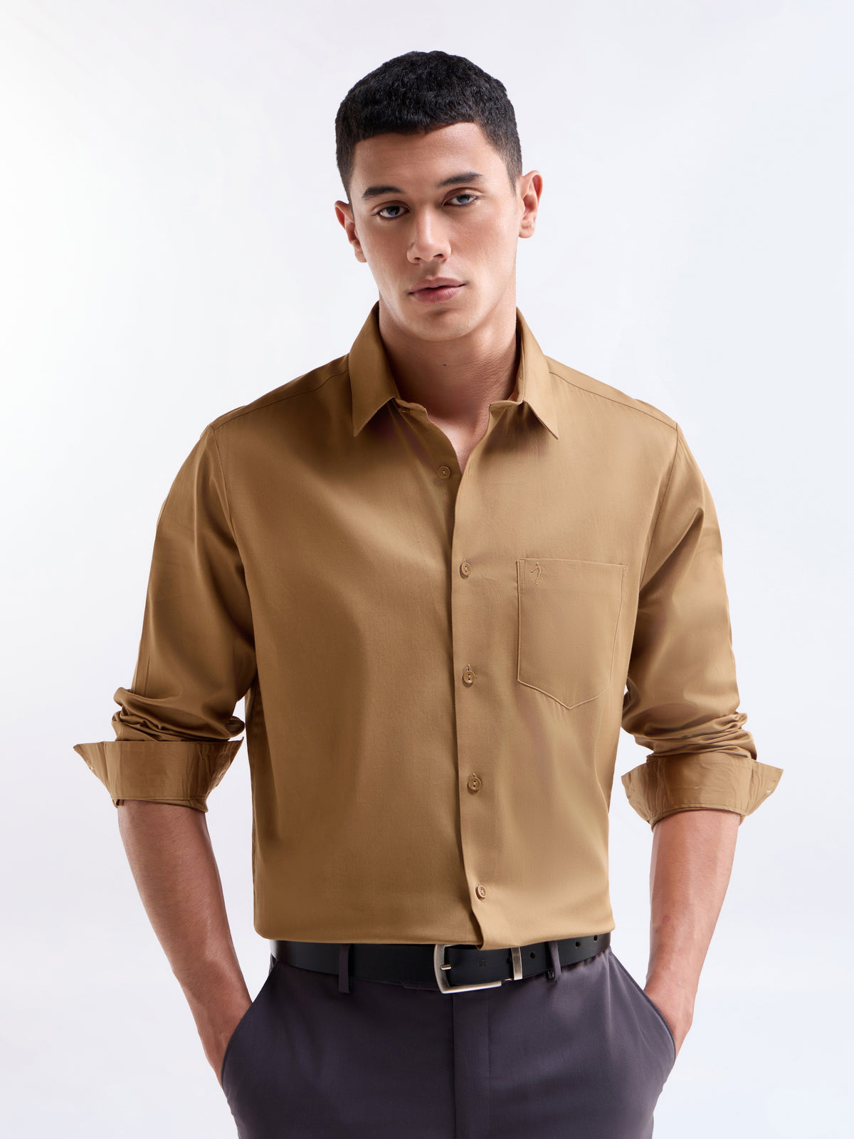 Solid Full Sleeve Cotton Stretch Shirt - Tobacco t4option_0