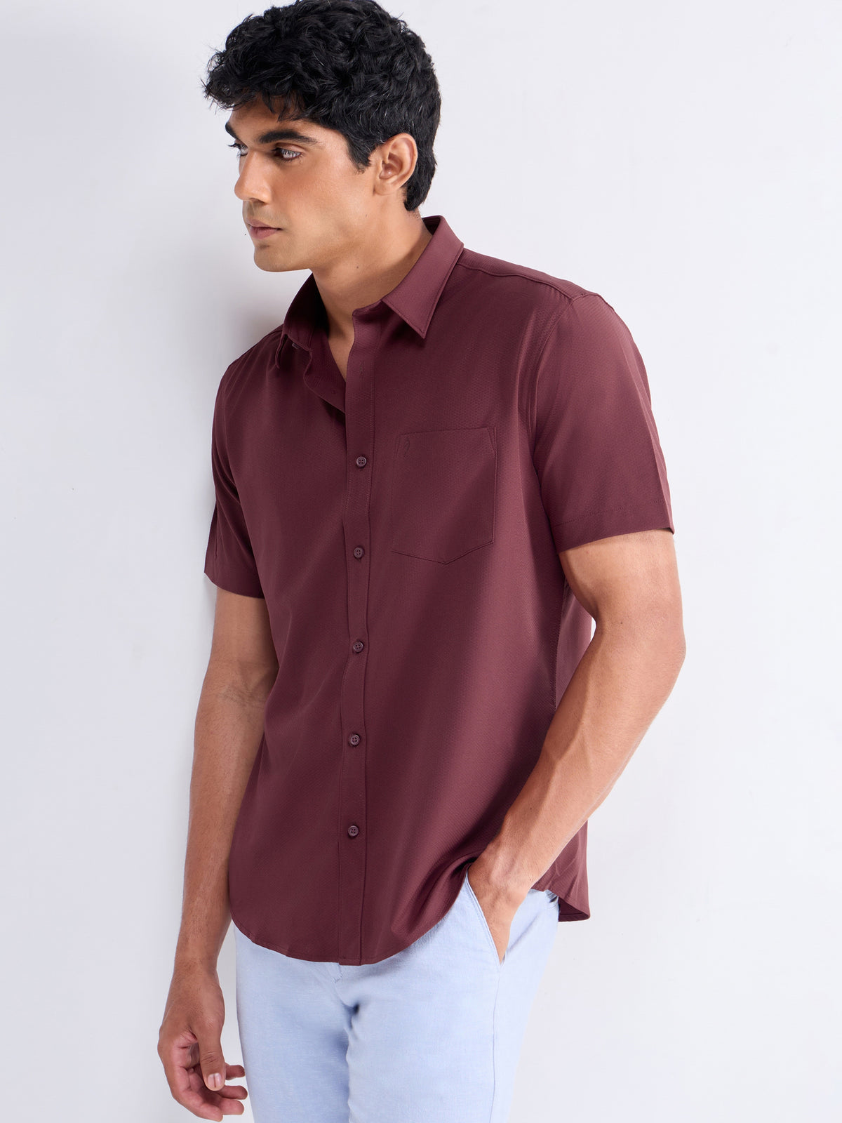 Solid Half Sleeve Poly Blend Shirt - Burgundy t4option_0