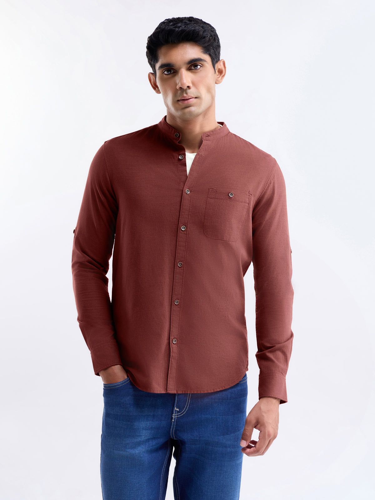 Solid Full Sleeve Cotton Linen Shirt - Rust t4option_1