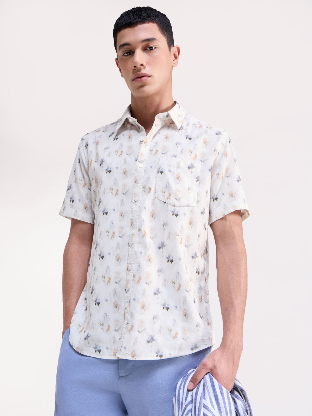 Printed Half Sleeve Cotton Shirt - White t4option_0
