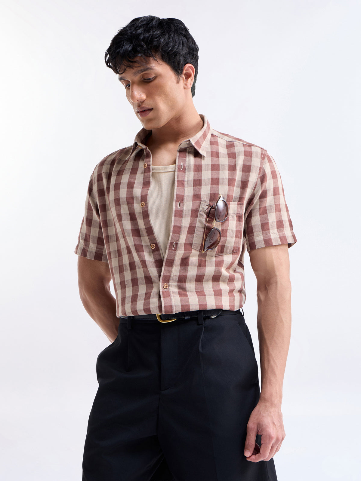 Check Half Sleeve Cotton Linen Shirt - Brown t4option_0