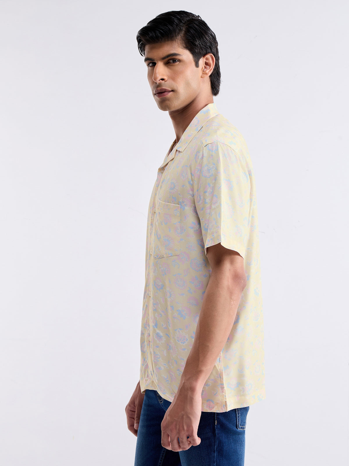 Printed Half Sleeve Cotton Modal Shirt - Yellow t4option_0