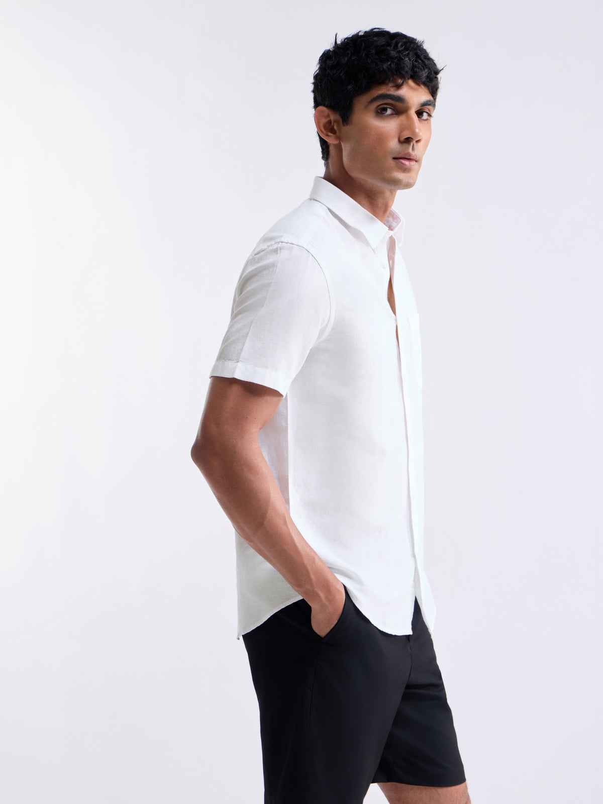 Solid Half Sleeve Cotton Linen Shirt - White t4option_1