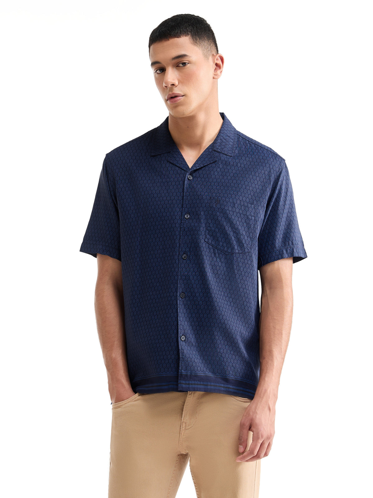 Printed Half Sleeve Viscose Linen Shirt - Navy t4option_0