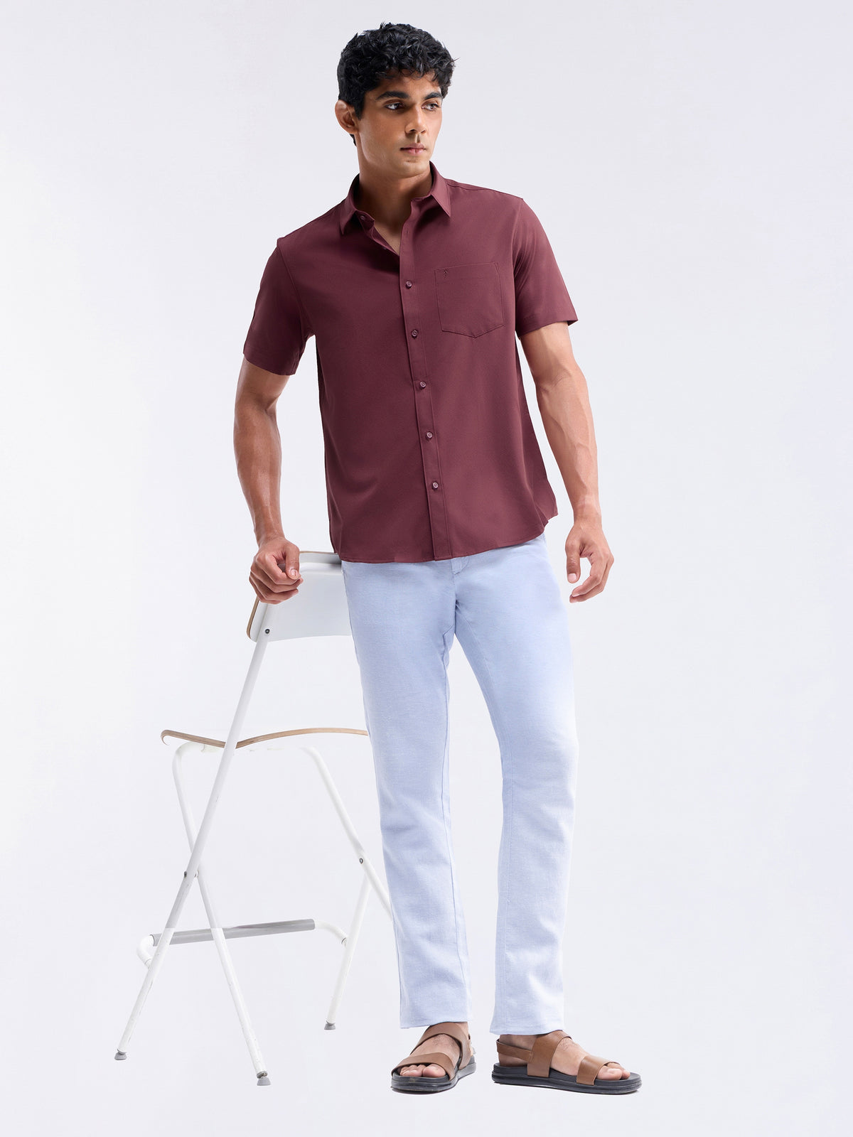 Solid Half Sleeve Poly Blend Shirt - Burgundy t4option_0