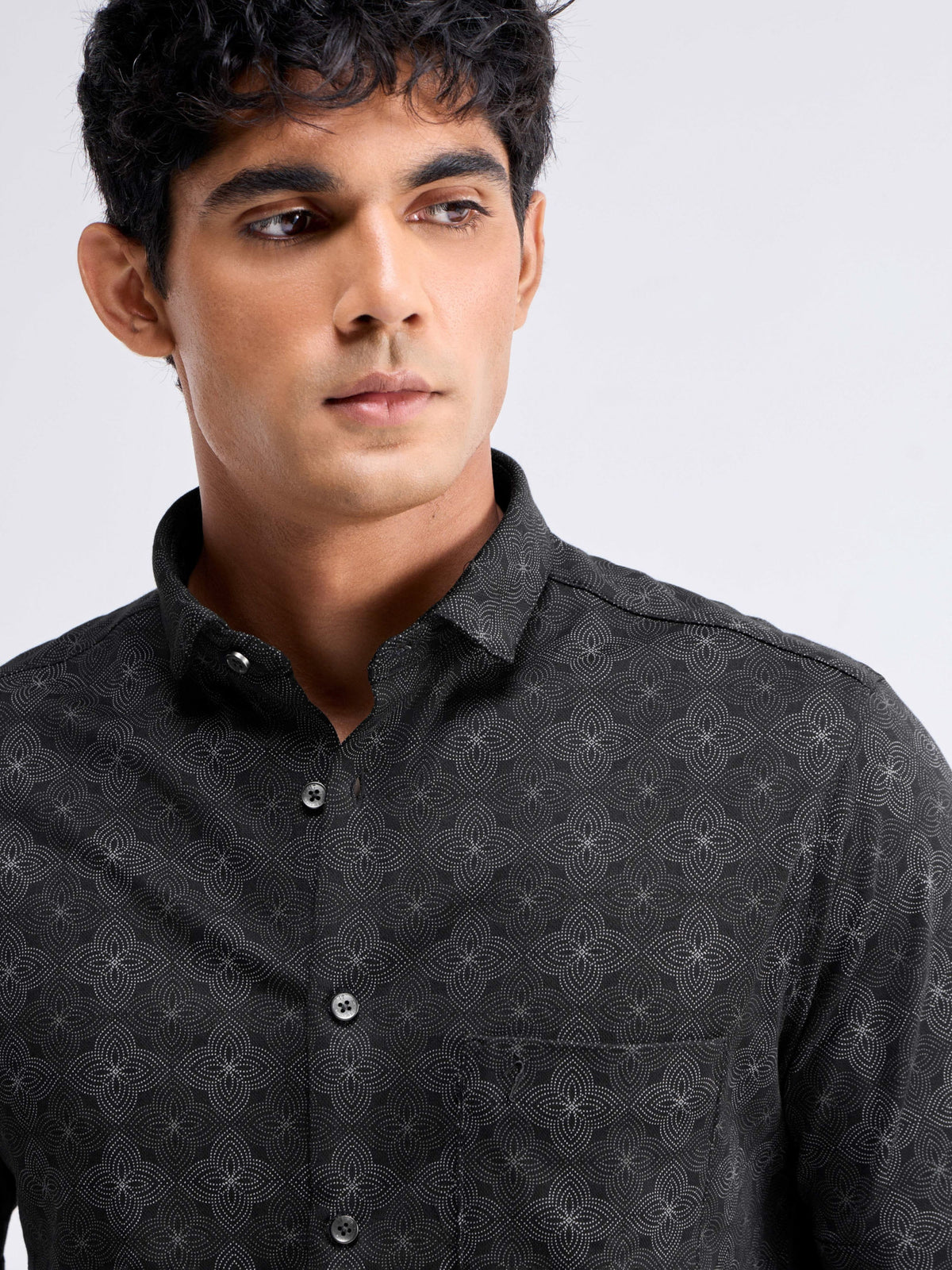 Printed Half Sleeve Cotton Shirt - Black t4option_0