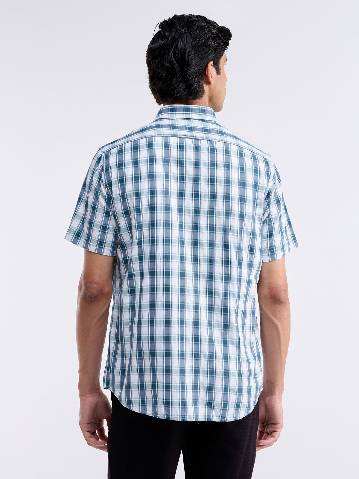 Check Half Sleeve Cotton Shirt - Sky t4option_0