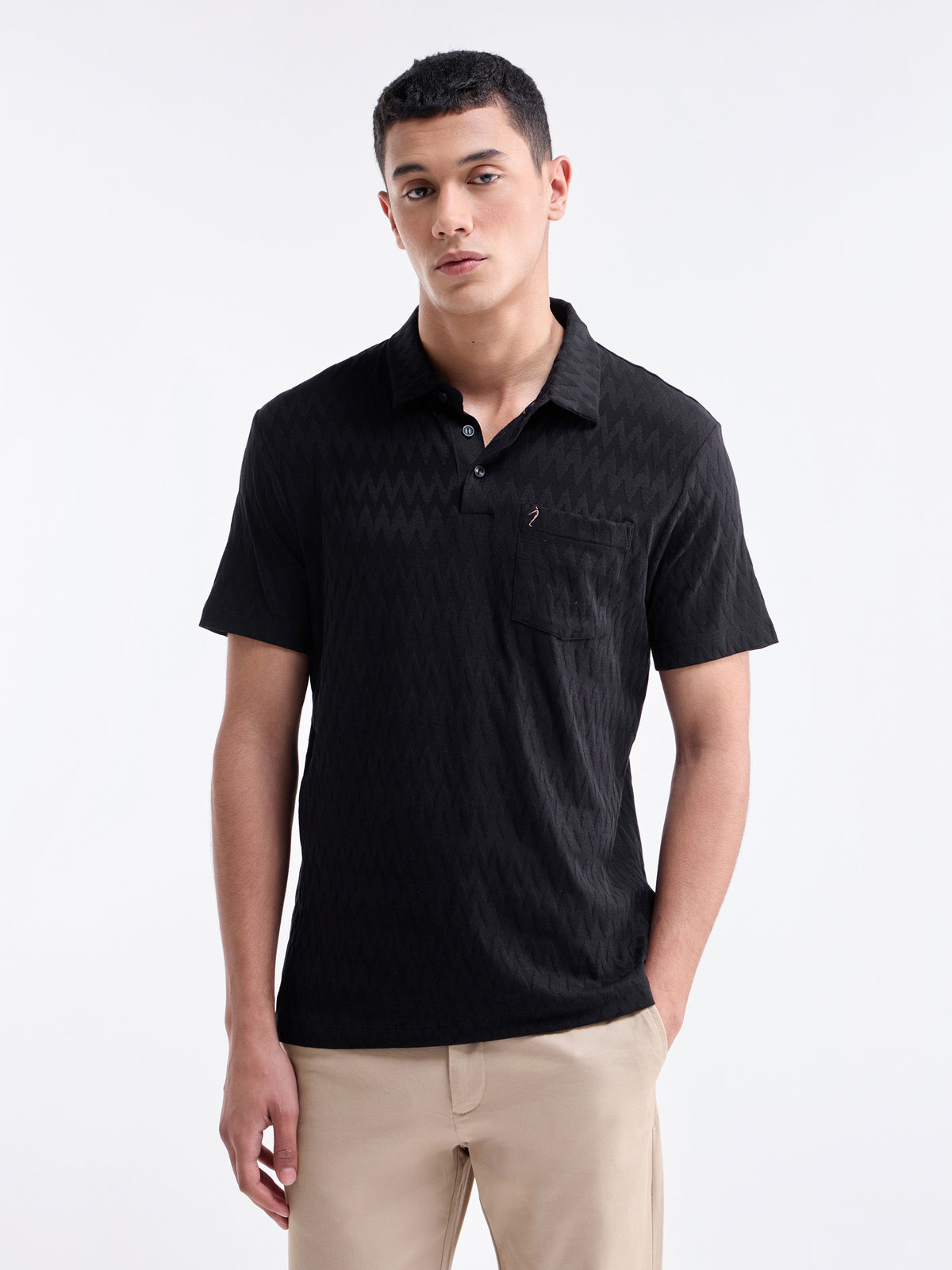 Jacquard Half Sleeve Regular Fit Polo T-Shirt - Black t4option_0