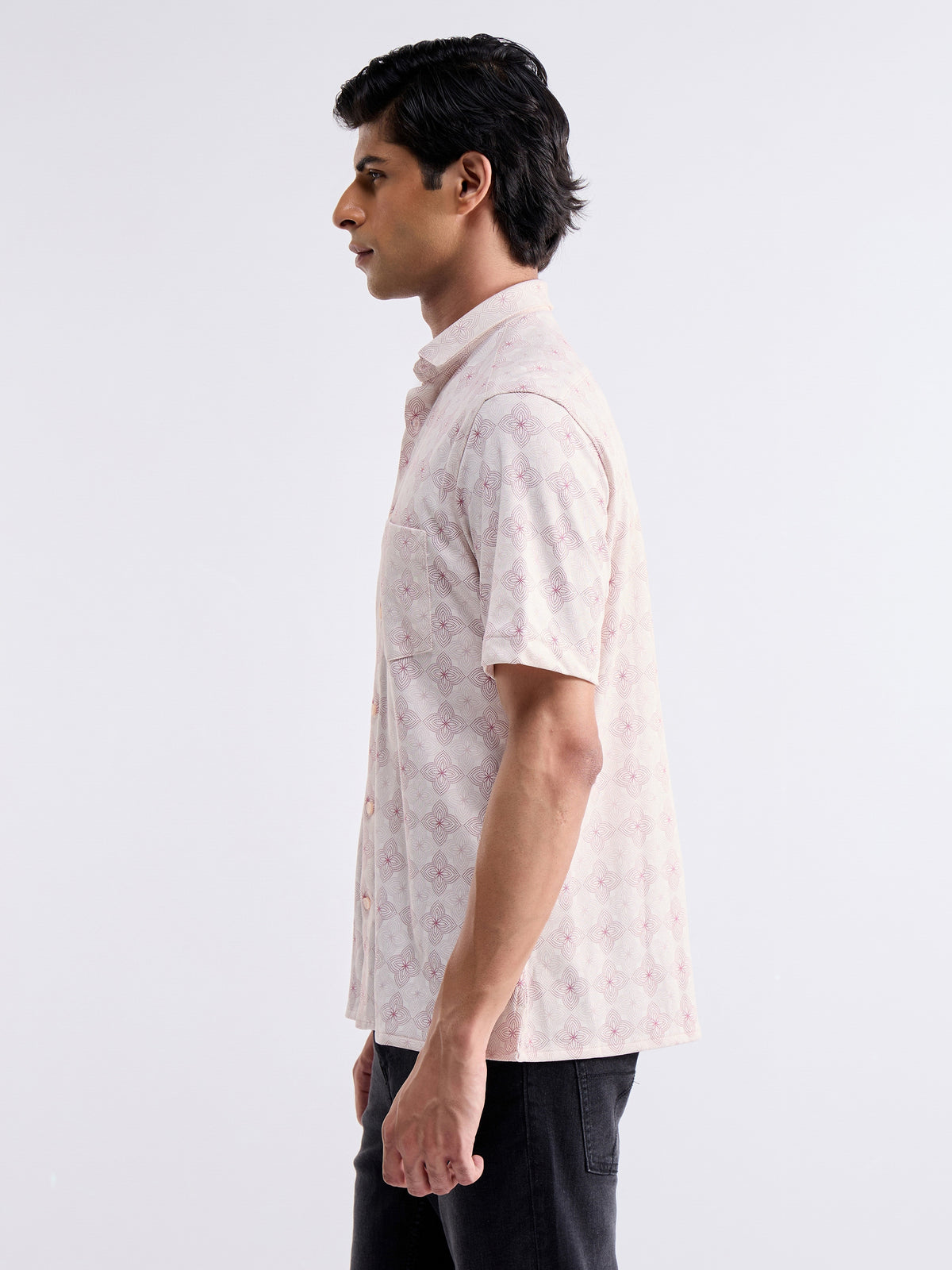 Printed Half Sleeve Cotton Shirt - Ecru t4option_1