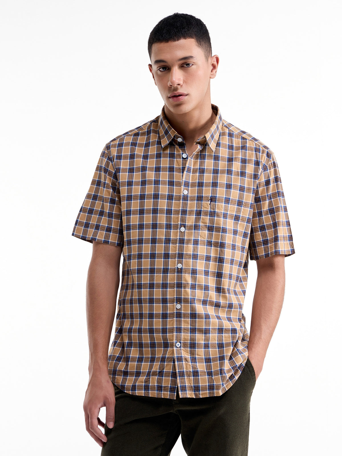 Check Half Sleeve Cotton Viscose Shirt - Khaki t4option_0