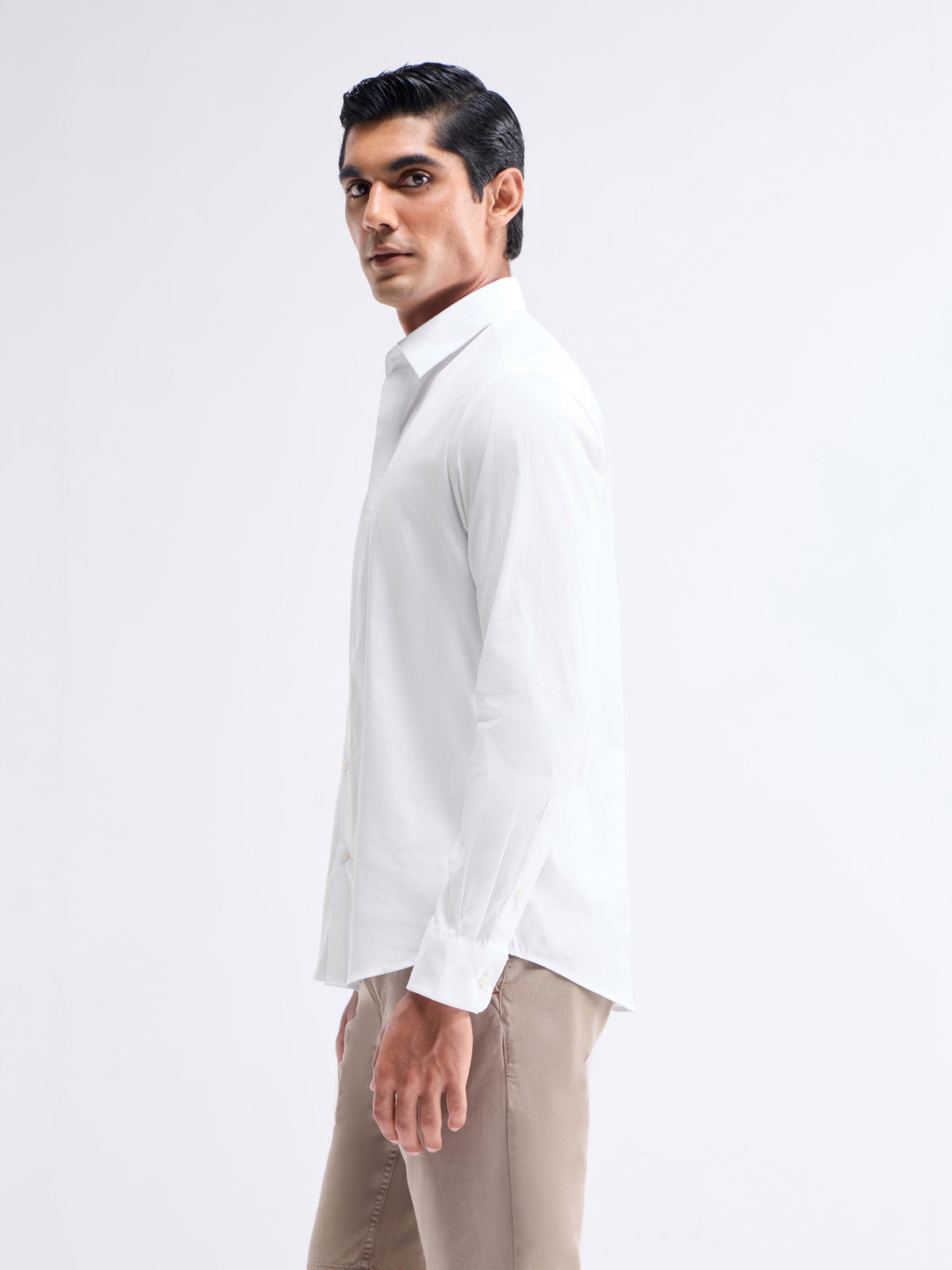 Solid Full Sleeve Poly Stretch Shirt - White t4option_0