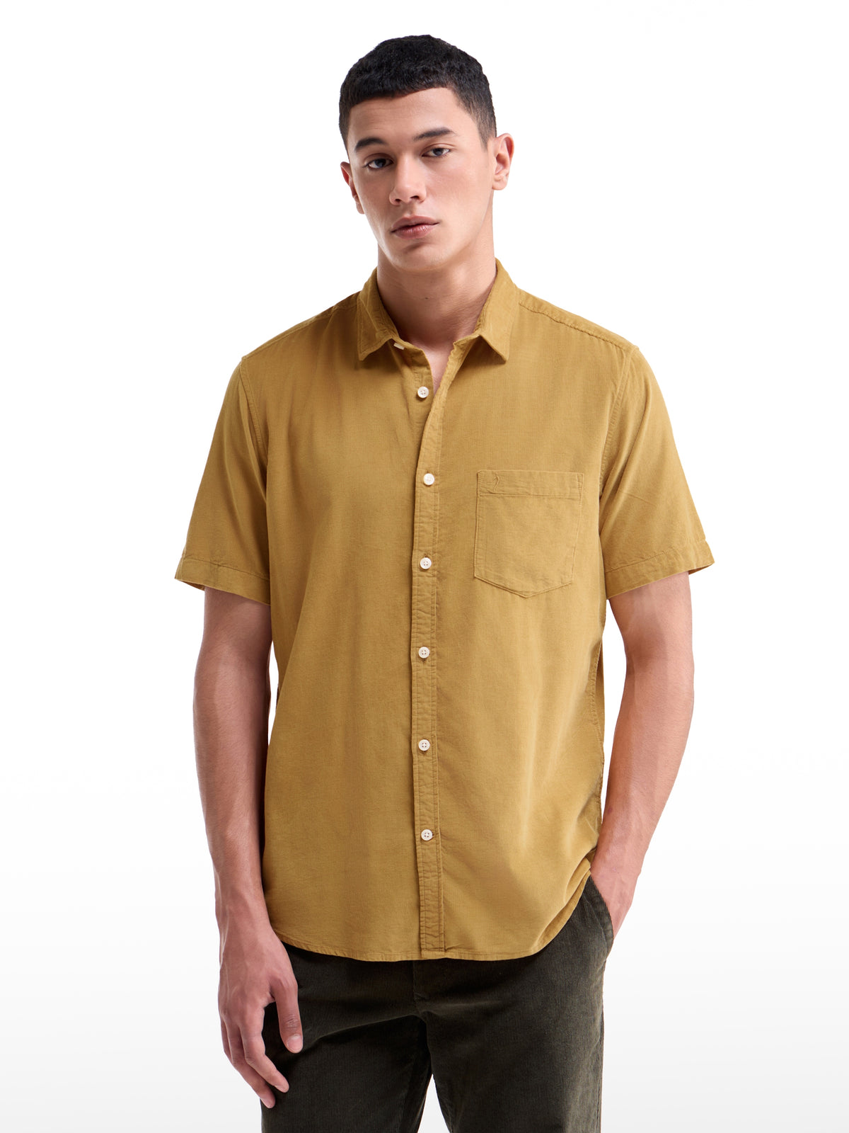 Solid Half Sleeve Cotton Tencel Shirt - Gold t4option_0