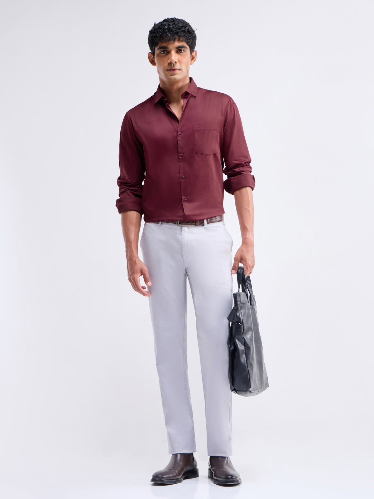 Solid Full Sleeve Cotton Stretch Shirt - Maroon t4option_4
