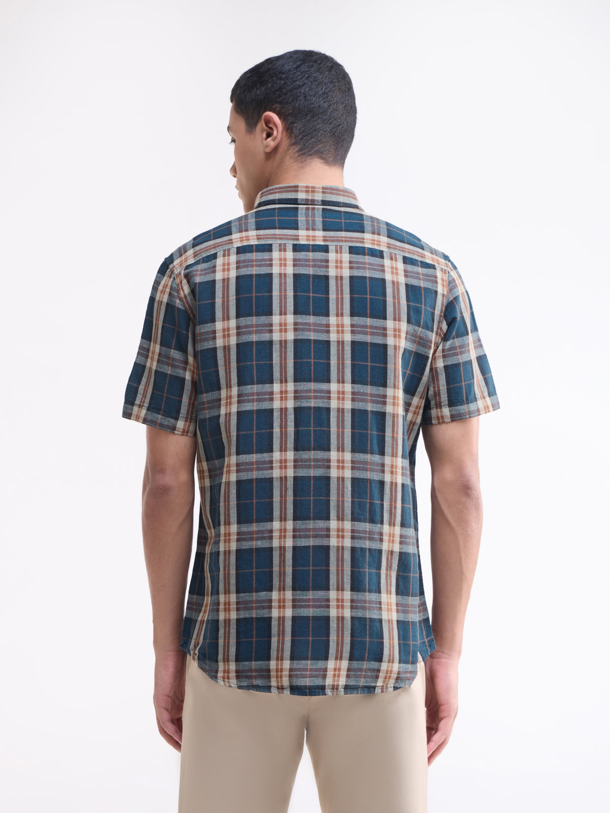Check Half Sleeve Cotton Linen Shirt - Teal t4option_0