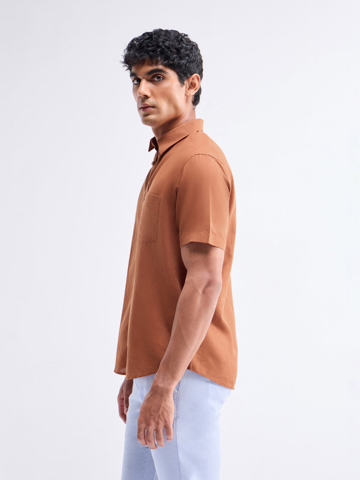 Solid Half Sleeve Cotton Blend Shirt - Rust t4option_0