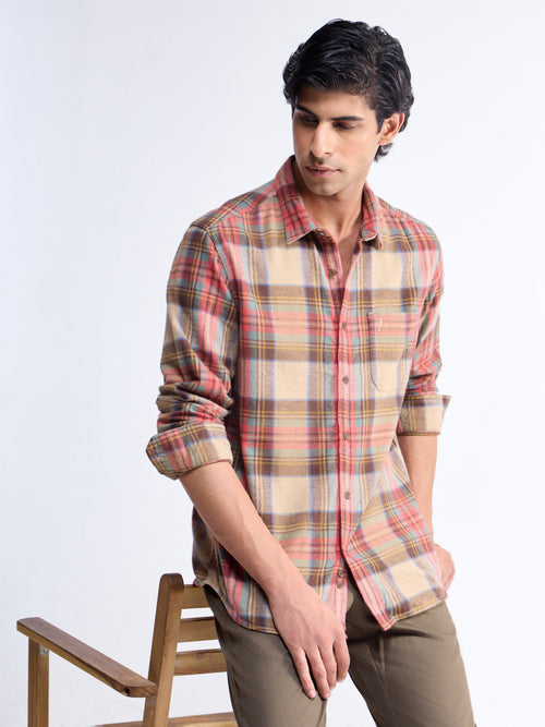Check Full Sleeve Cotton Shirt - Khaki t4option_0
