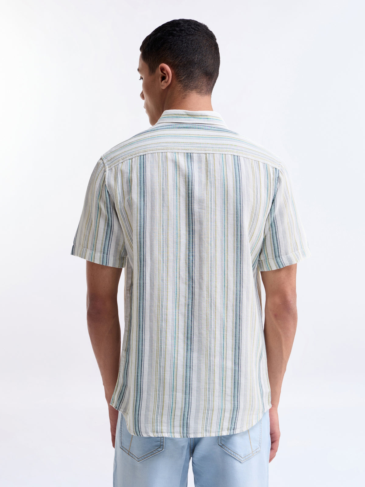 Striped Half Sleeve Cotton Linen Shirt - White t4option_0