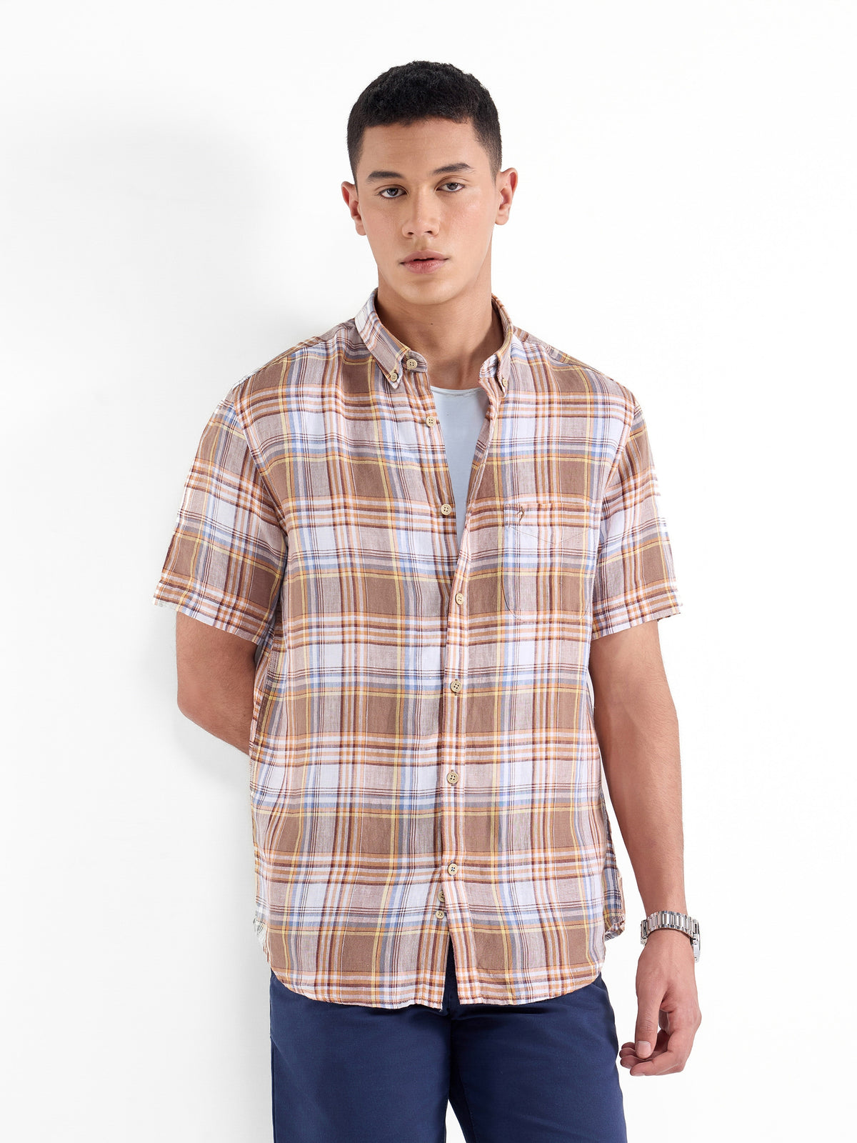 Check Half Sleeve Linen Shirt - Brown t4option_0