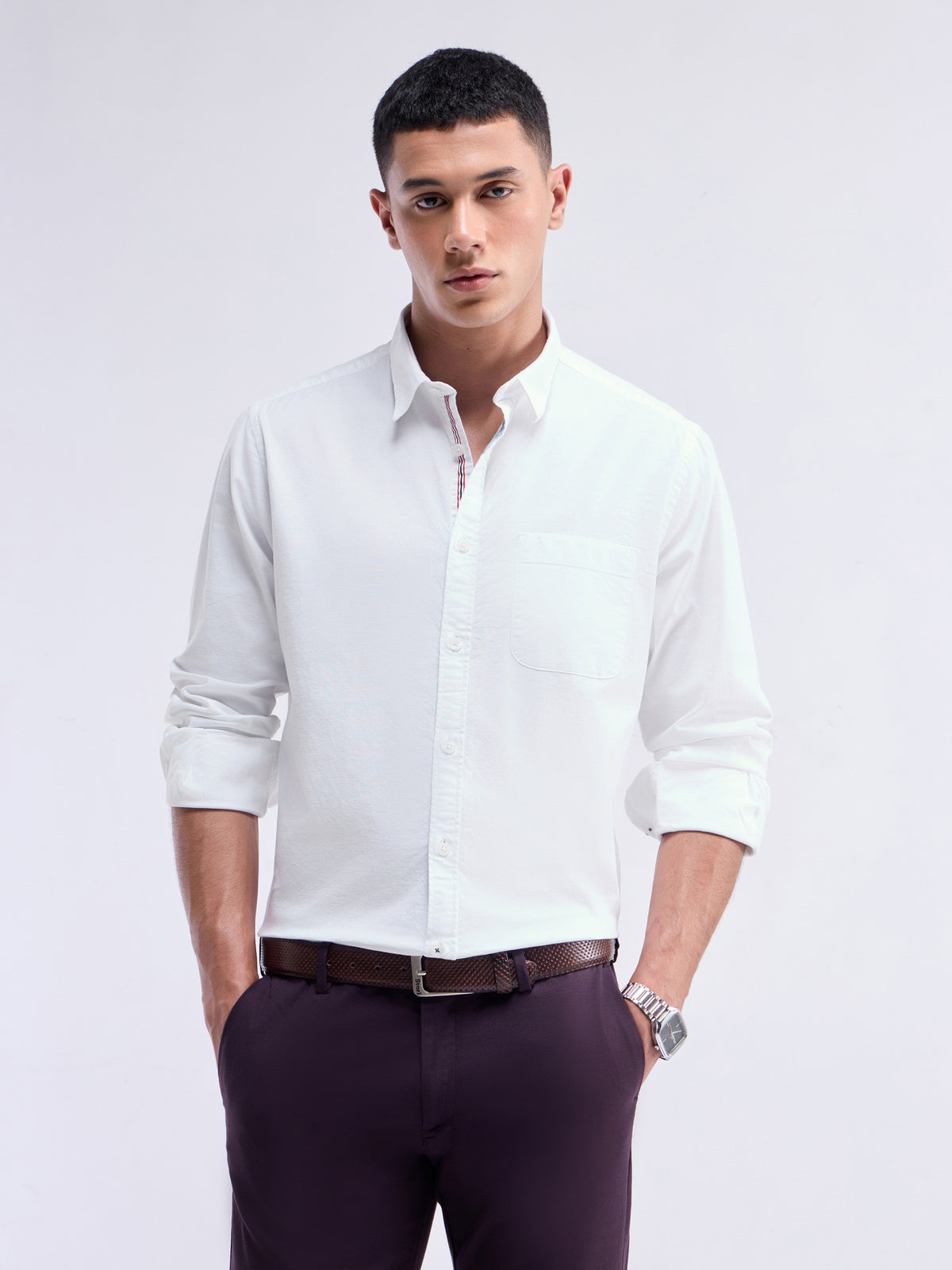 Solid Full Sleeve Cotton Stretch Shirt - White t4option_1