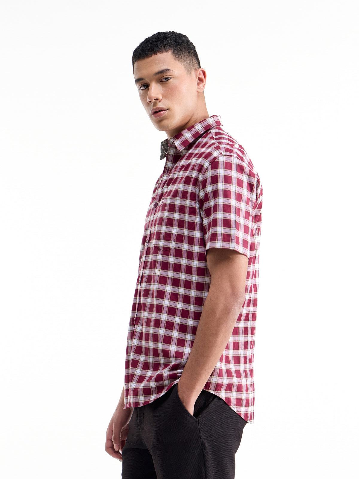 Check Half Sleeve Cotton Shirt - Maroon t4option_0