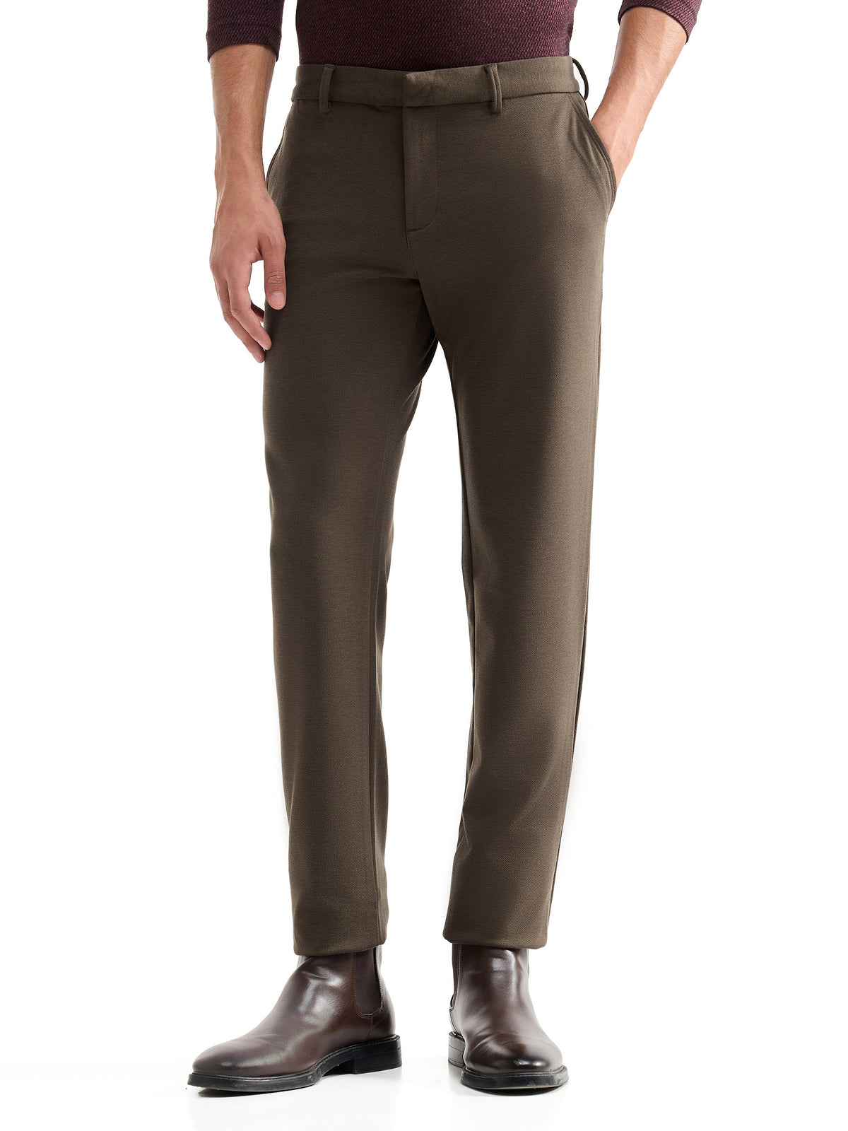 Yarn-Dyed Slim Comfort Fit Poly Viscose Trouser - Olive t4option_0