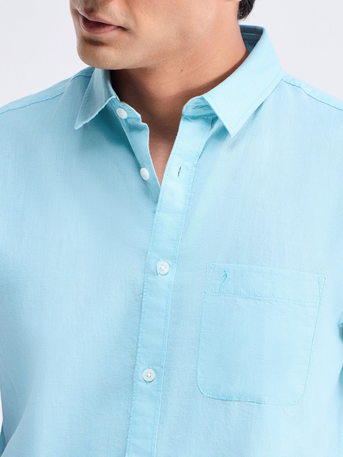 Solid Half Sleeve Cotton Linen Shirt - Aqua t4option_0