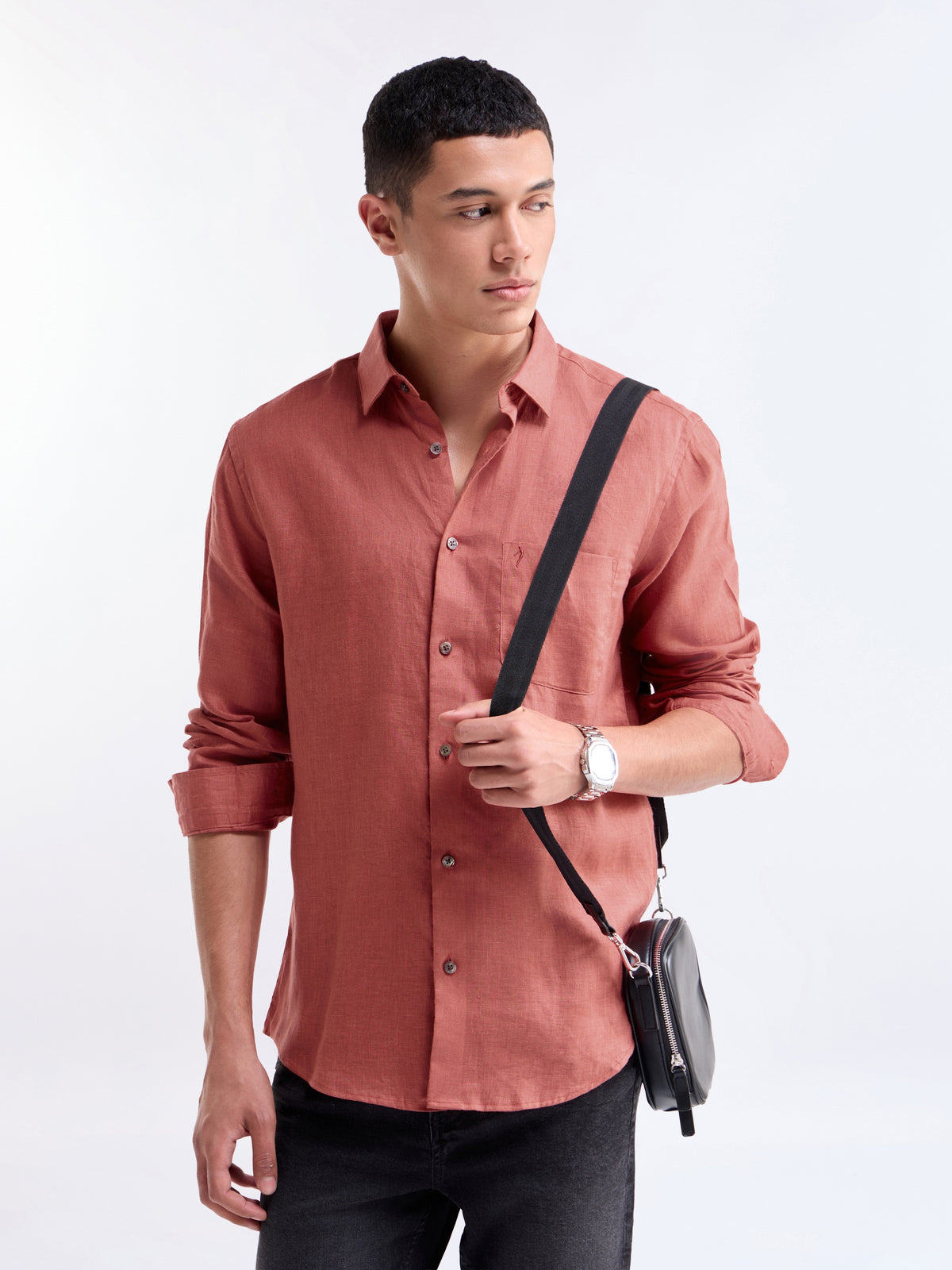 Solid Full Sleeve Linen Shirt - Brick t4option_0