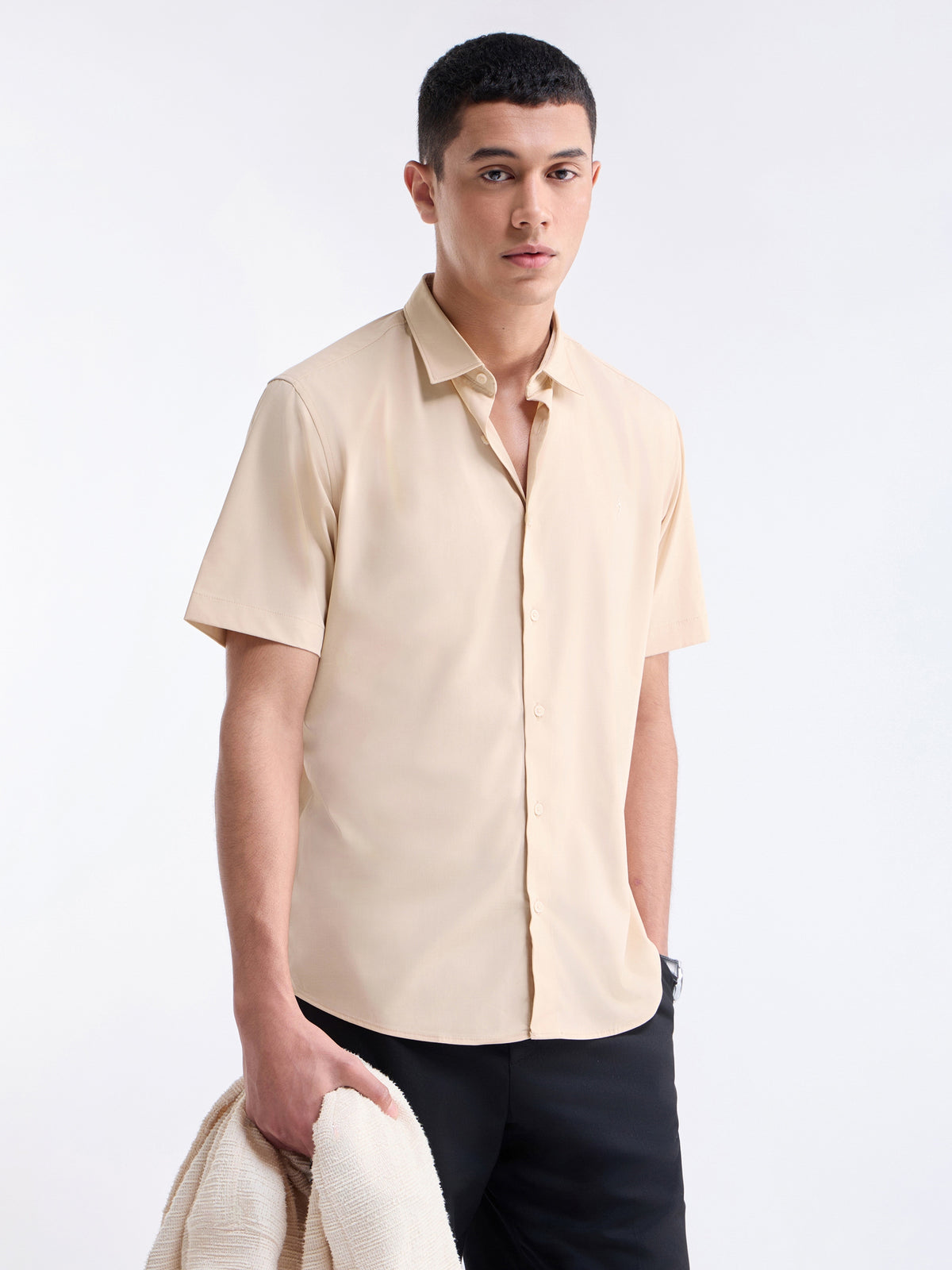 Solid Half Sleeve Shirt - Khaki t4option_0
