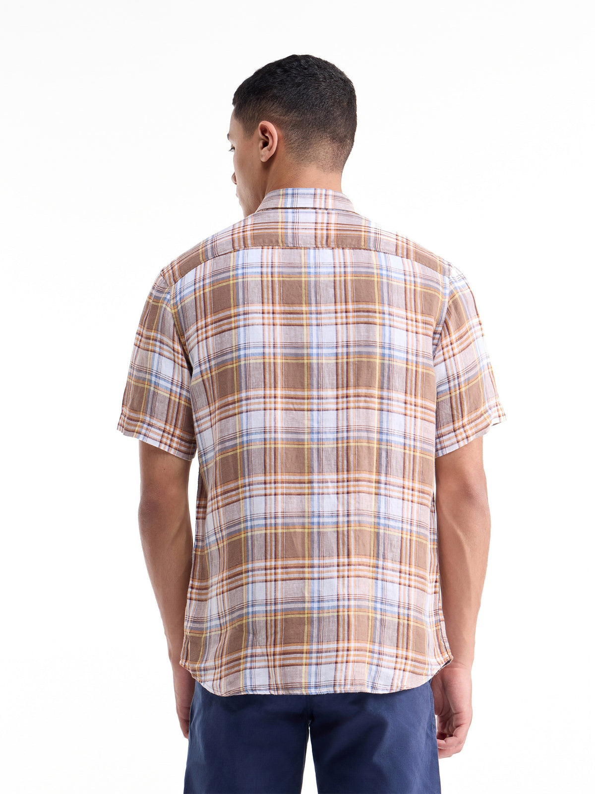 Check Half Sleeve Linen Shirt - Brown t4option_0
