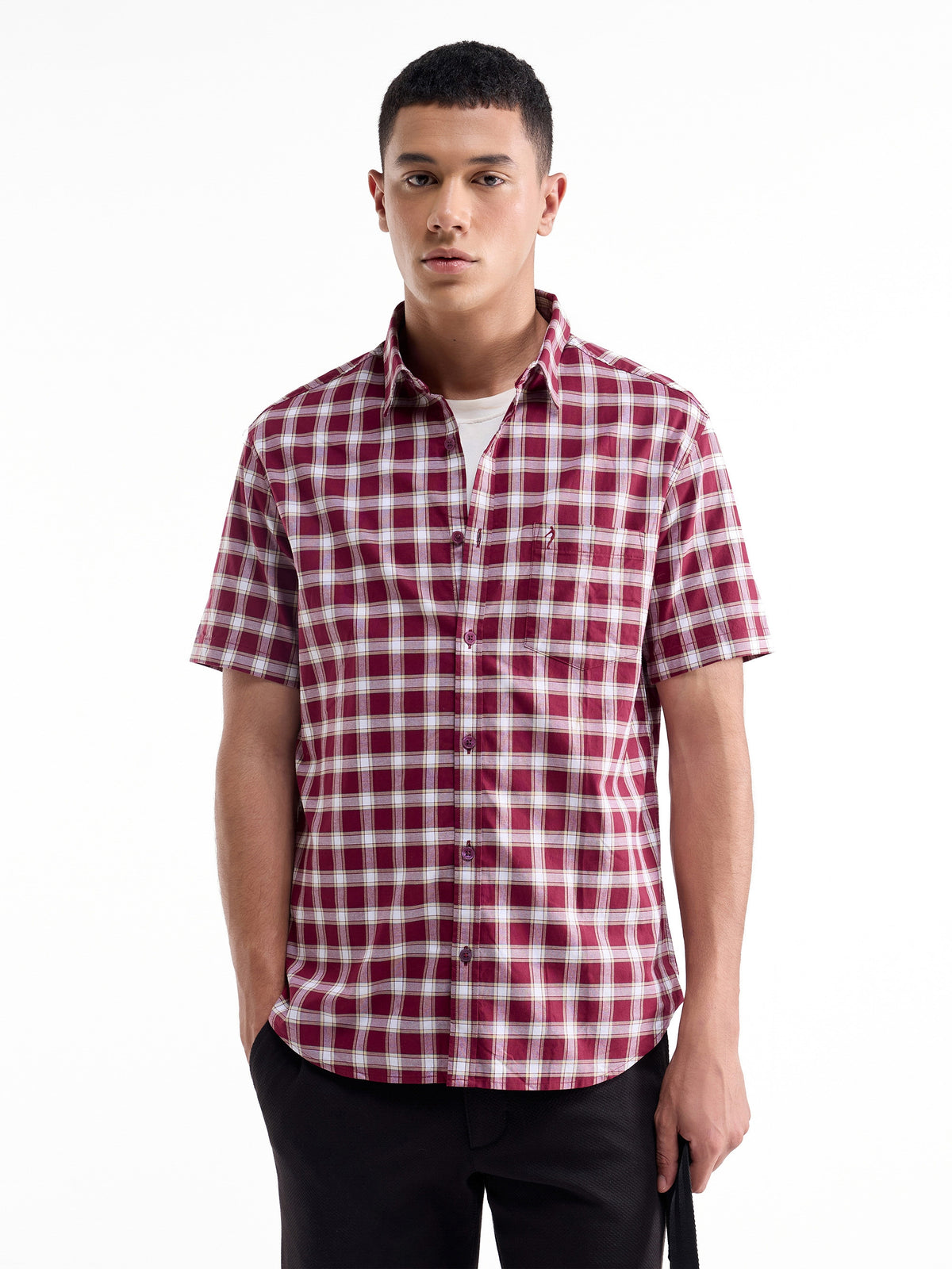 Check Half Sleeve Cotton Shirt - Maroon t4option_0