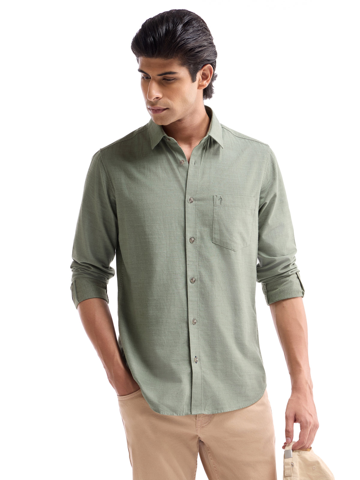 Solid Full Sleeve Cotton Shirt - Lt Green M t4option_1
