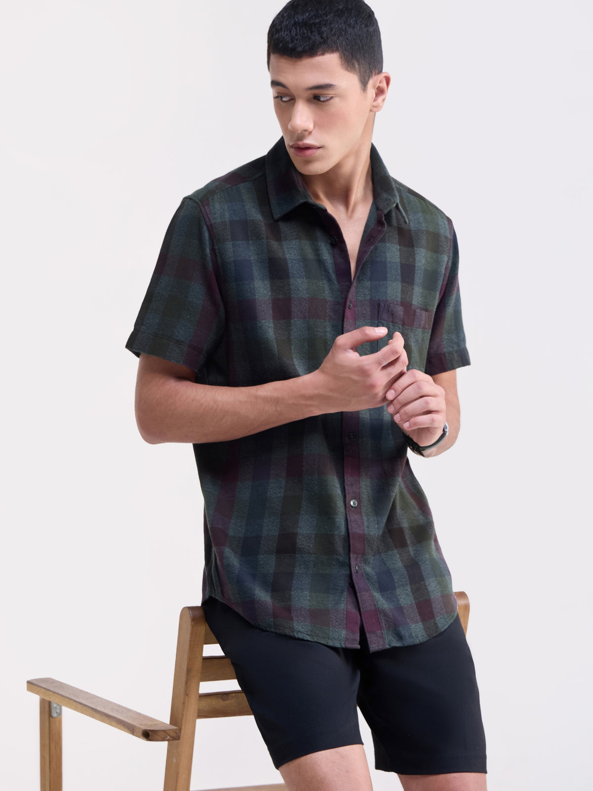 Check Half Sleeve Cotton Shirt - Olive t4option_0
