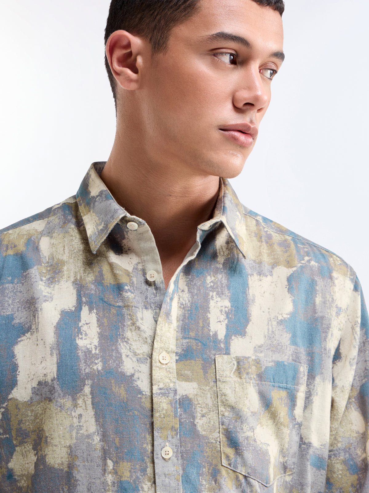 Printed Full Sleeve Cotton Linen Shirt - Olive t4option_0