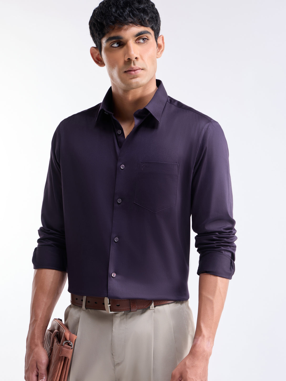 Solid Full Sleeve Cotton Stretch Shirt - Plum t4option_0