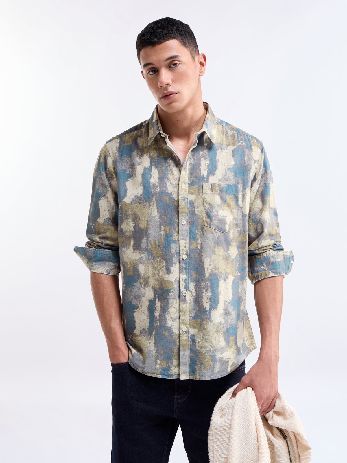 Printed Full Sleeve Cotton Linen Shirt - Olive t4option_0