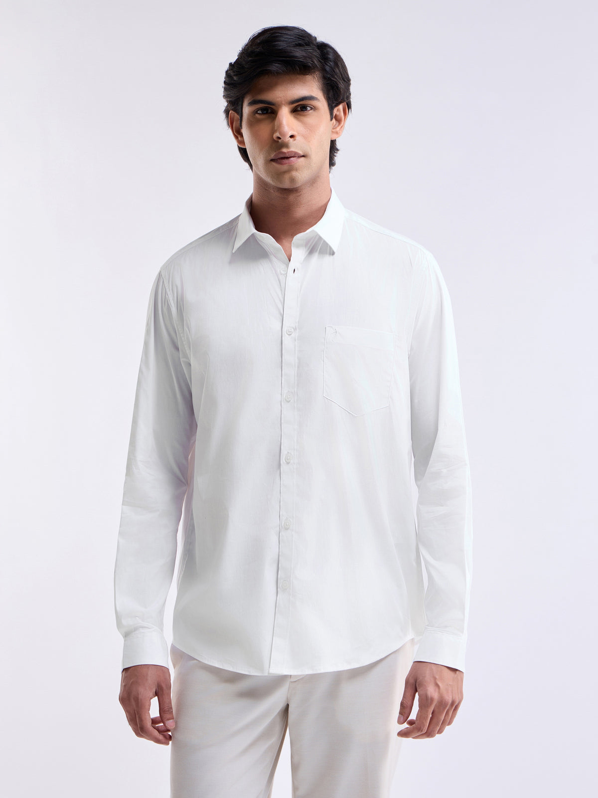 Solid Full Sleeve Cotton Stretch Shirt - White t4option_2